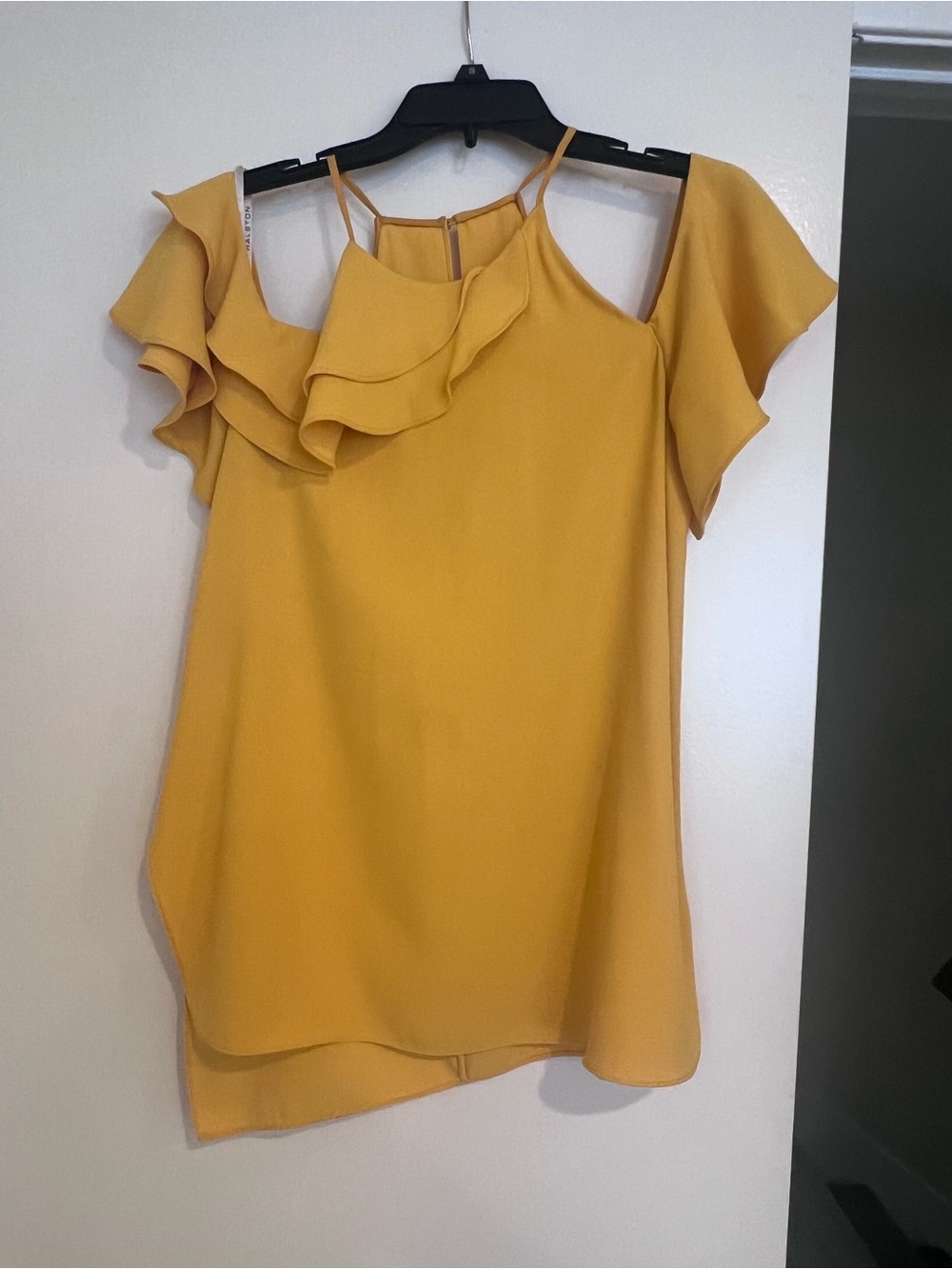Halston Heritage Mustard Yellow Cold-Shoulder Ruffle Blouse
